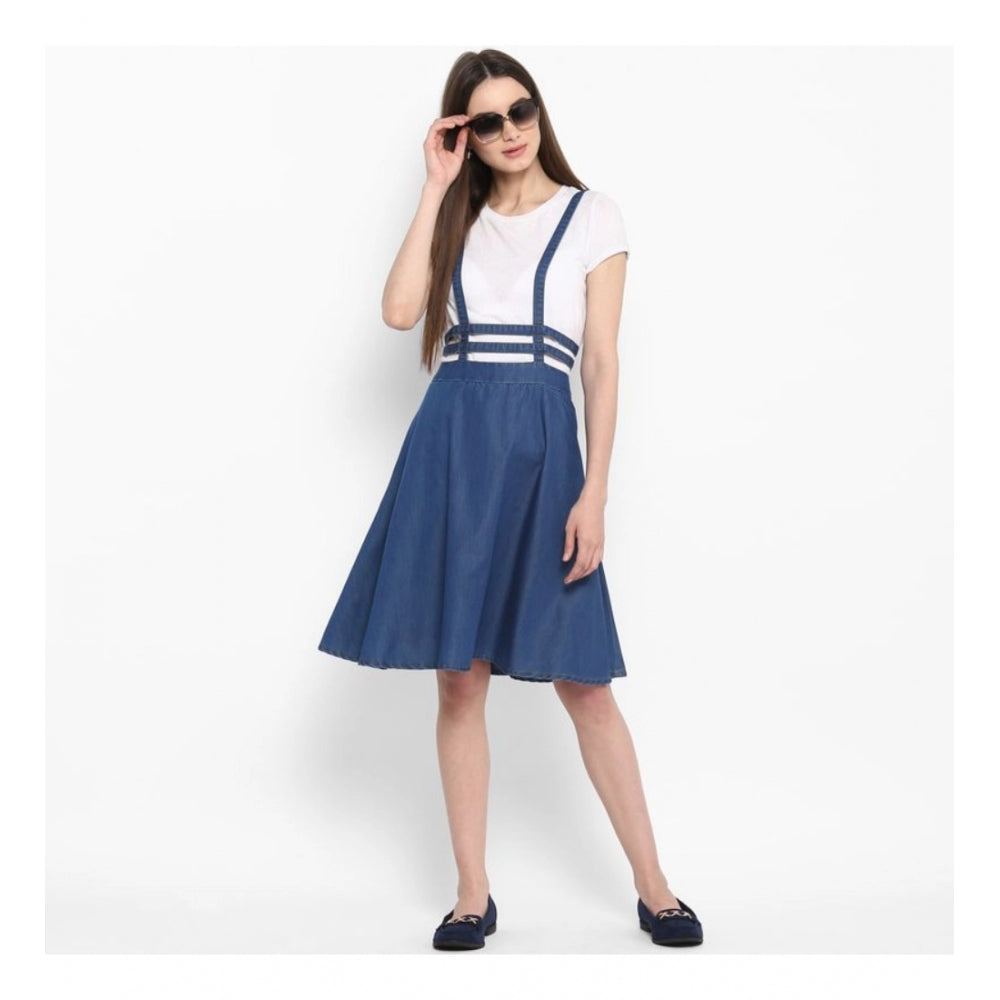 Women'S Denim Solid Shoulder Straps Below Knee Dress (Blue)
