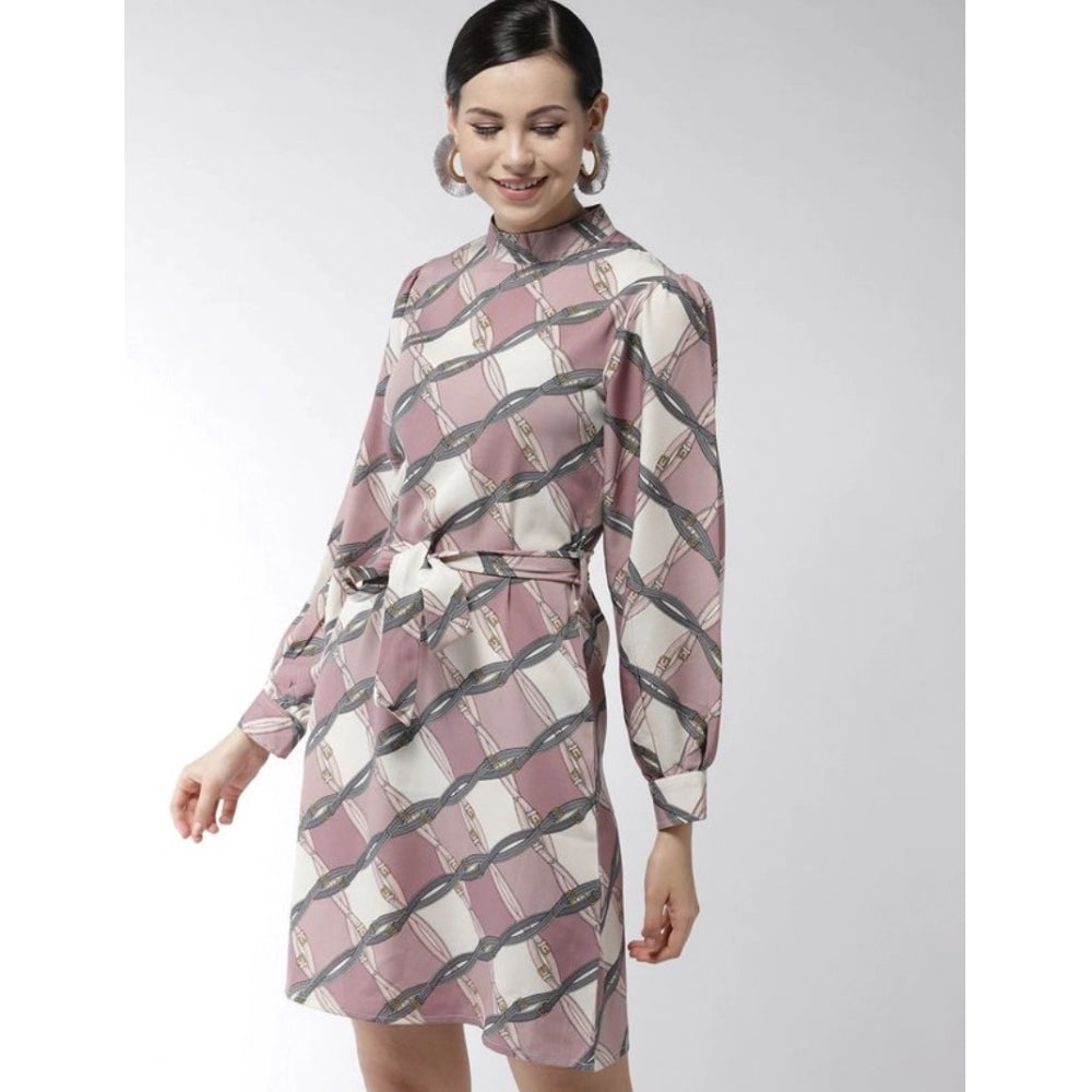Women'S Polyester Checkered Long Sleeves Above Knee Dress (Off