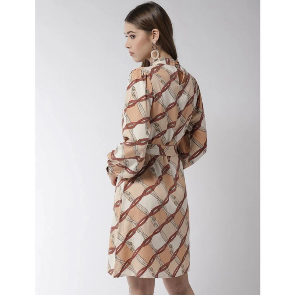 Women'S Polyester Checkered Long Sleeves Above Knee Dress (Off