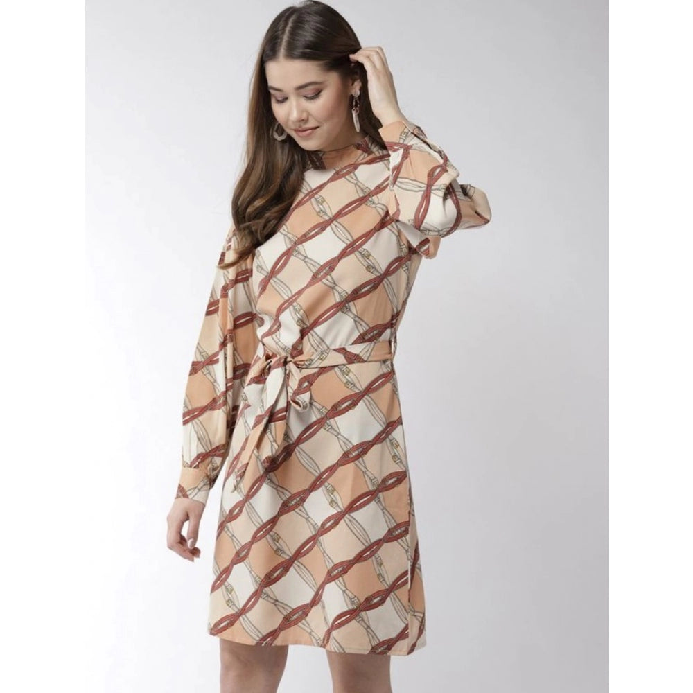 Women'S Polyester Checkered Long Sleeves Above Knee Dress (Off
