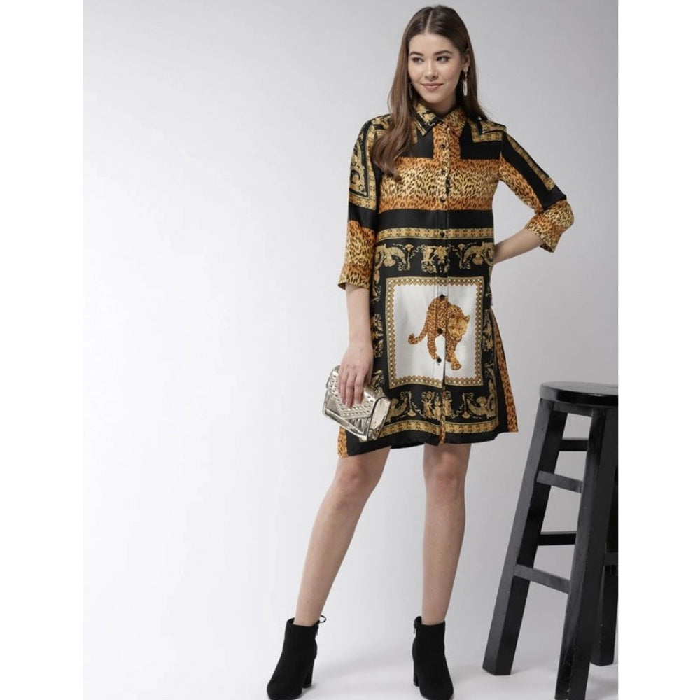 Women'S Satin Animal Print 3-4Th Sleeves Above Knee Dress (Whi