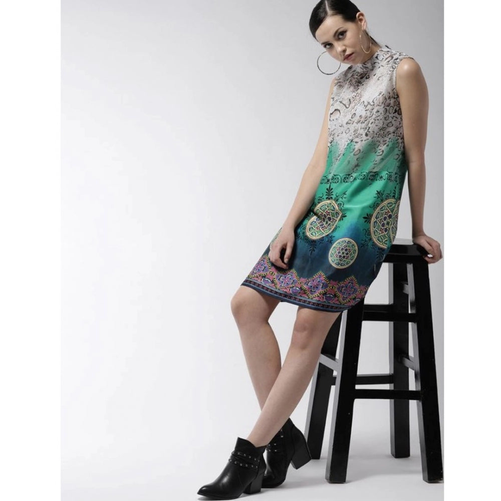 Women'S Polyester Printed Sleeveless Above Knee Dress (Multico
