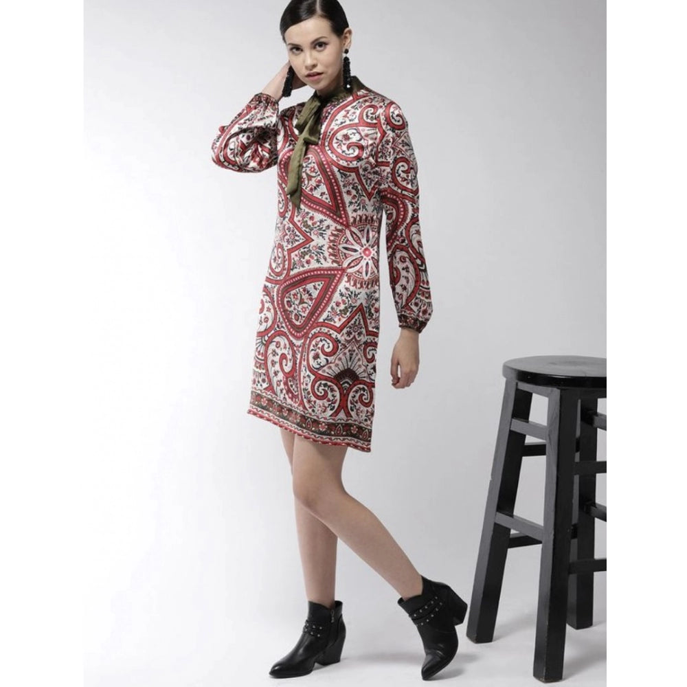 Women'S Polyester Printed Long Sleeves Above Knee Dress (Red)