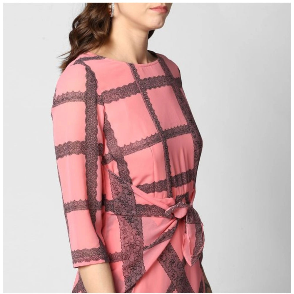 Women'S Polyester Checkered 3-4Th Sleeves Below Knee Dress (Pi