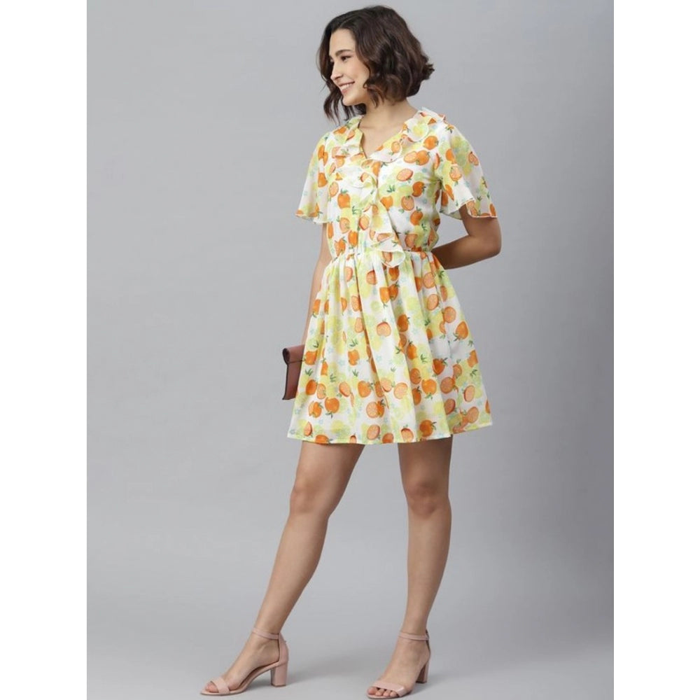 Women'S Polyester Printed Flutter Above Knee Dress (Yellow - O