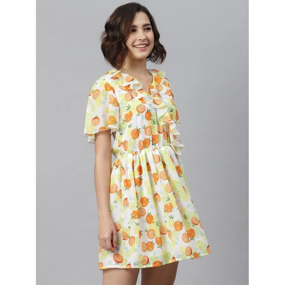 Women'S Polyester Printed Flutter Above Knee Dress (Yellow - O