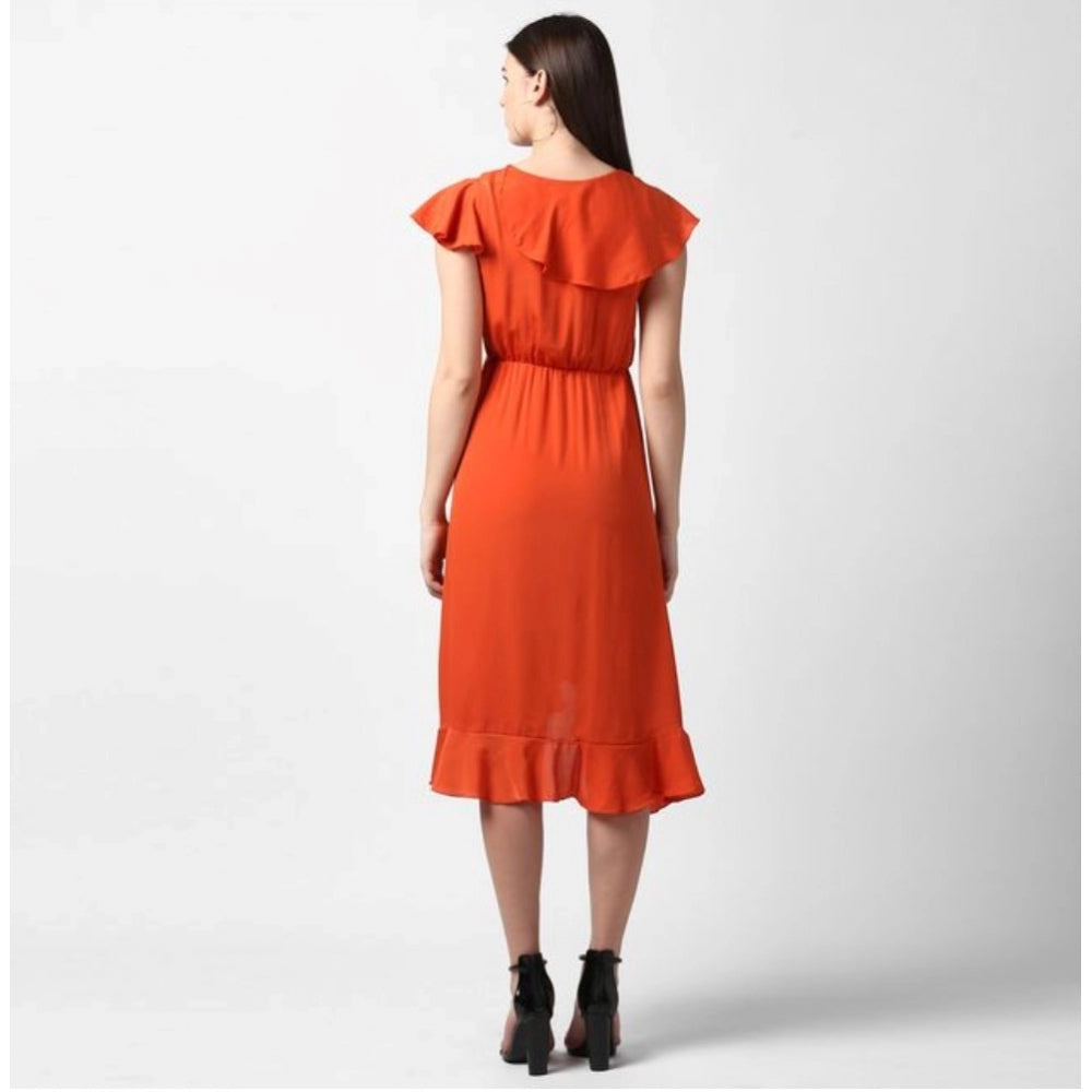 Women'S Polyester Ruffled Cap Sleeve Knee-Length Dress (Orange