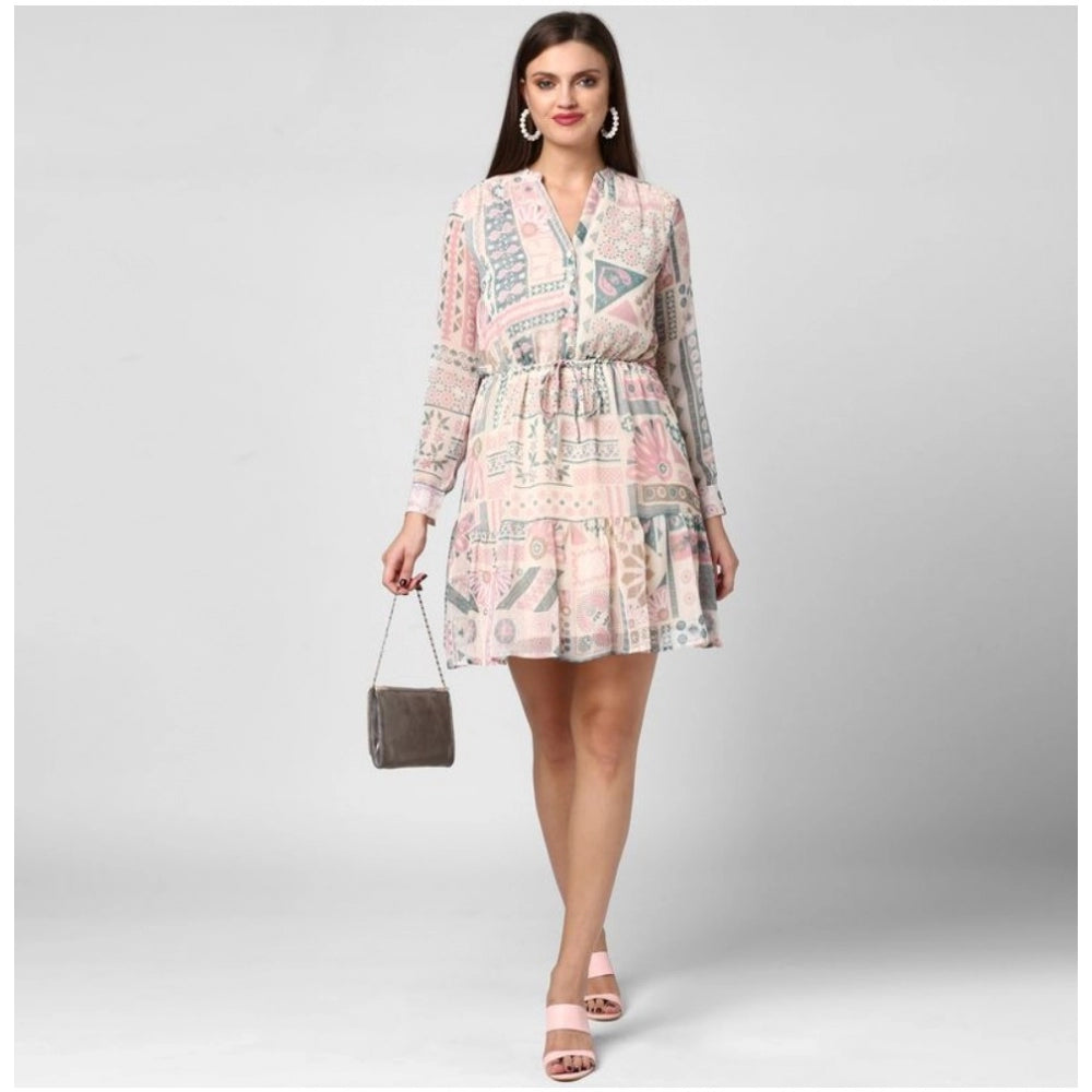 Women'S Polyester Printed Long Sleeves Above Knee Dress (Light