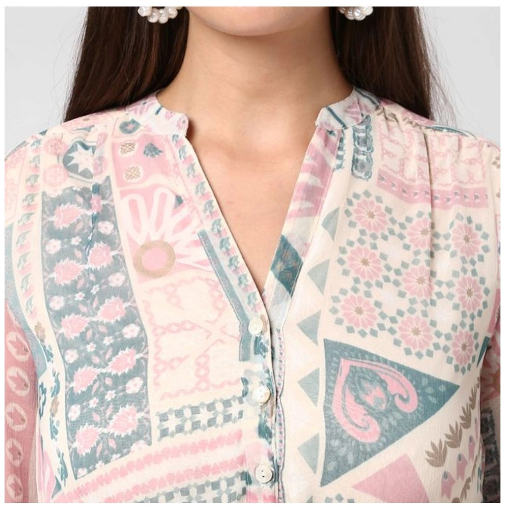 Women'S Polyester Printed Long Sleeves Above Knee Dress (Light