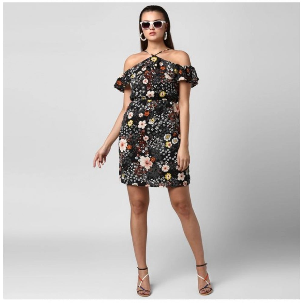 Women'S Polyester Floral Cold Shoulder Above Knee Dress (Black