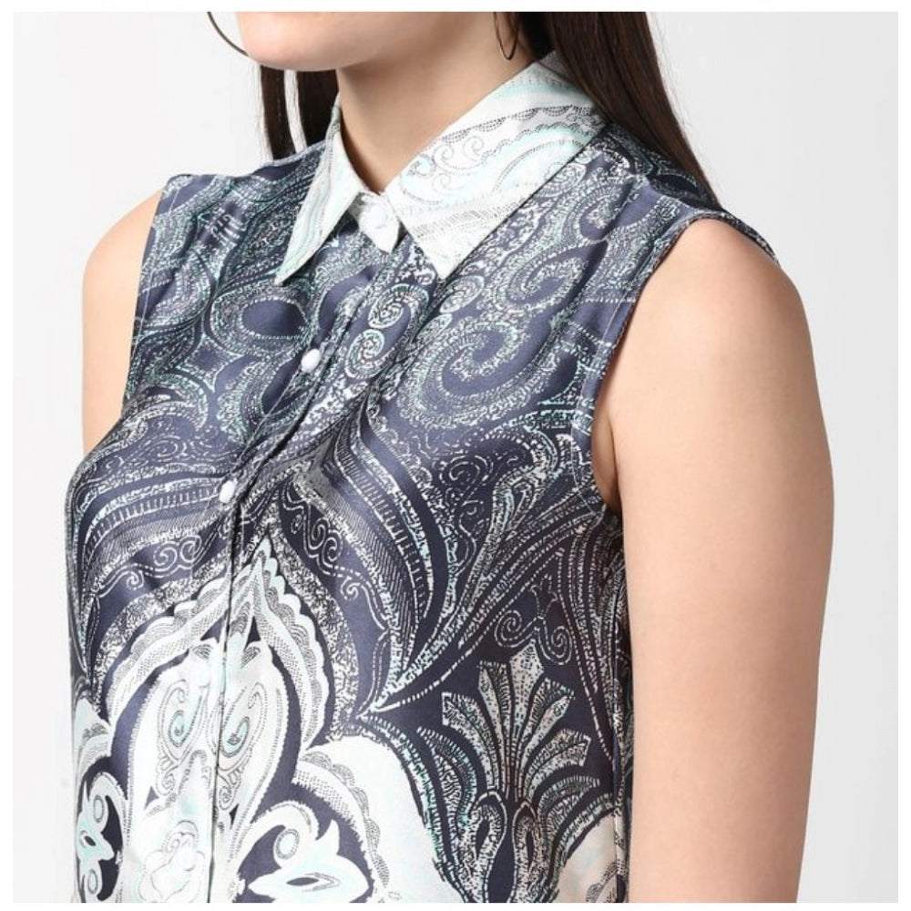 Women'S Polyester Printed Sleeveless Above Knee Dress (Blue)