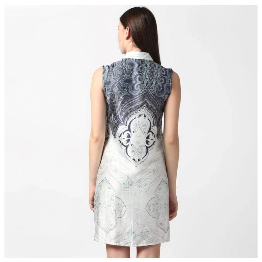 Women'S Polyester Printed Sleeveless Above Knee Dress (Blue)