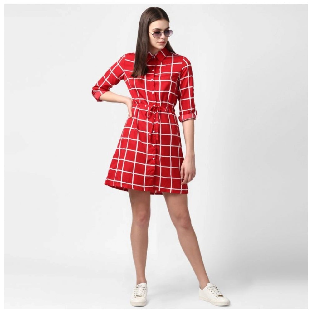 Women'S Polyester Checkered Long Sleeves Above Knee Dress (Red