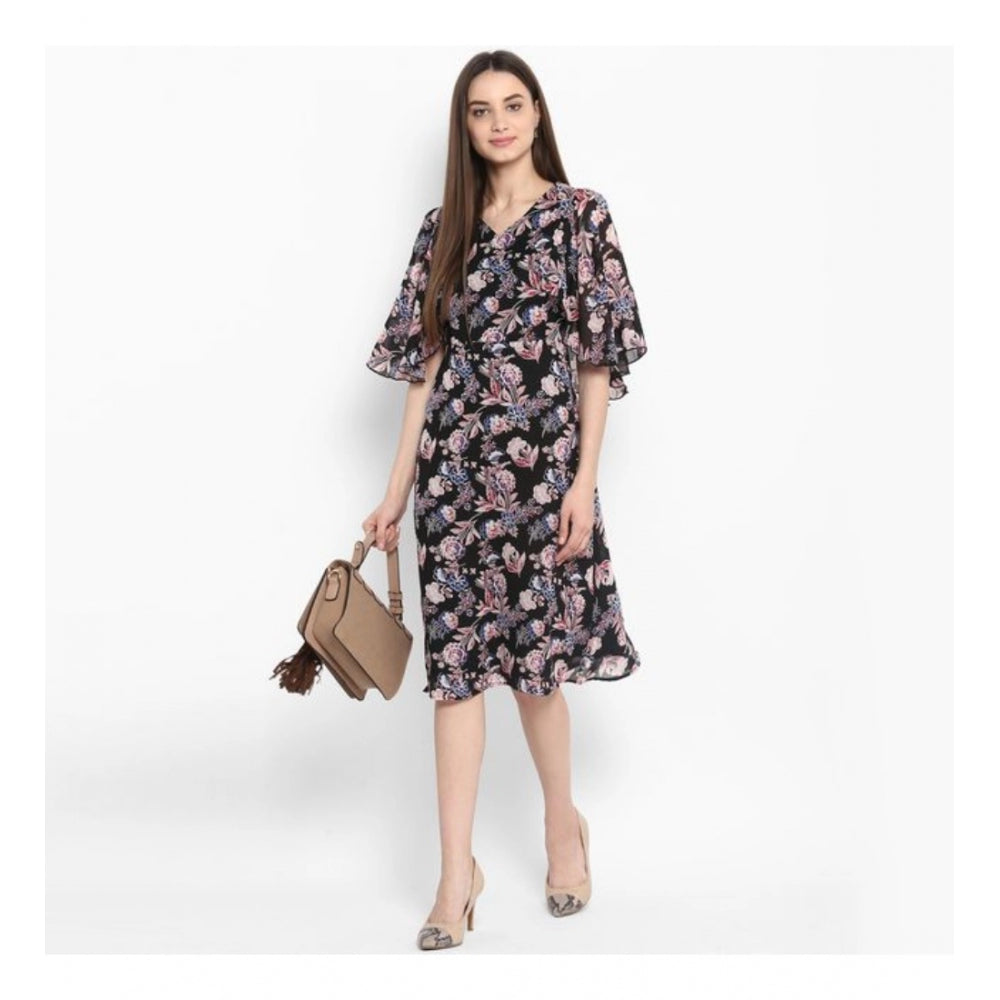 Women'S Polyester Floral Short Sleeve Knee-Length Dress (Black