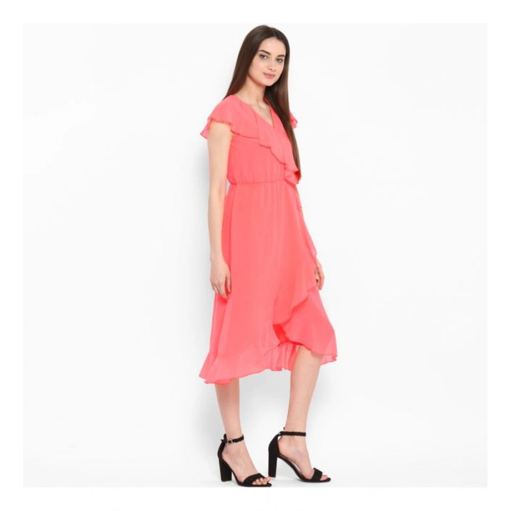 Women'S Polyester Ruffled Cap Sleeve Below Knee Dress (Coral P