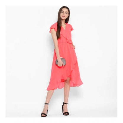 Women's Polyester Ruffled Cap Sleeve Below Knee Dress (Coral Pink)