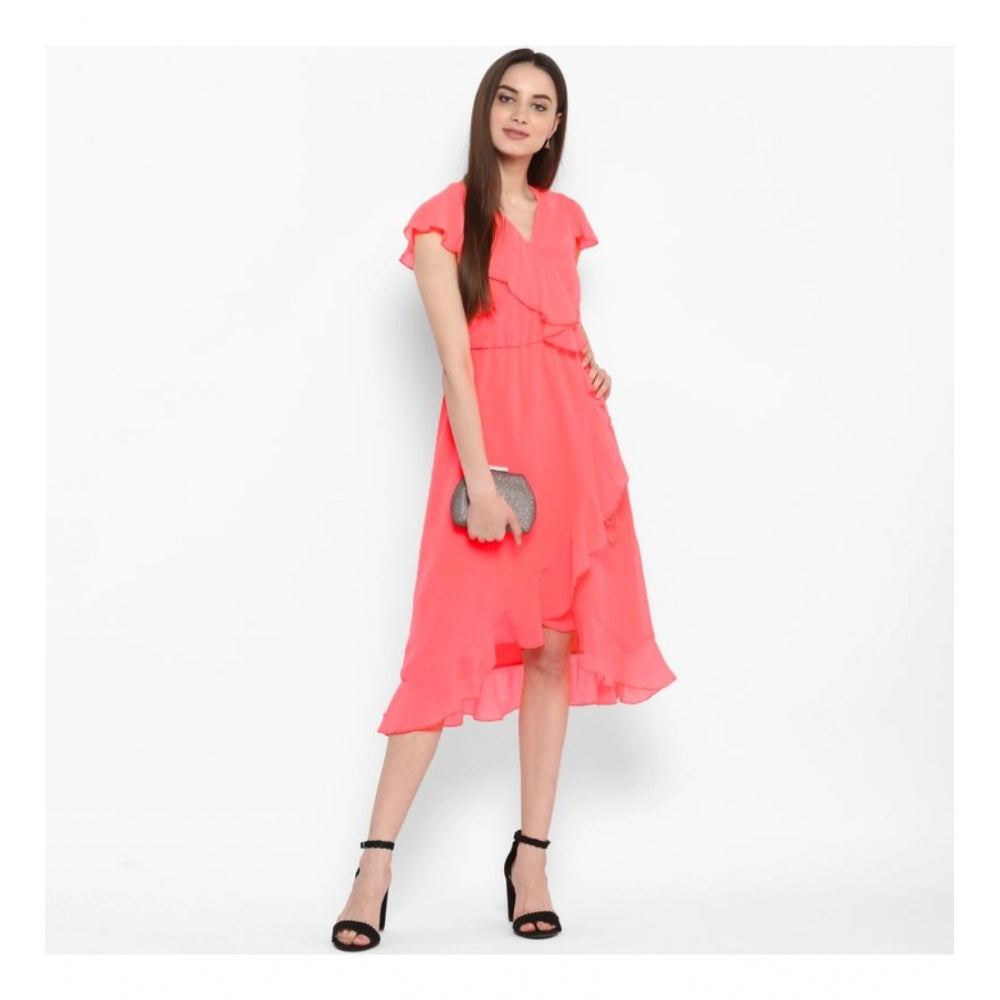 Women'S Polyester Ruffled Cap Sleeve Below Knee Dress (Coral P