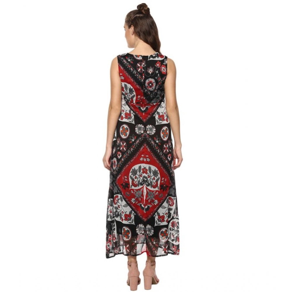 Women'S Polyester Printed Sleeveless Dress (Red - Black)