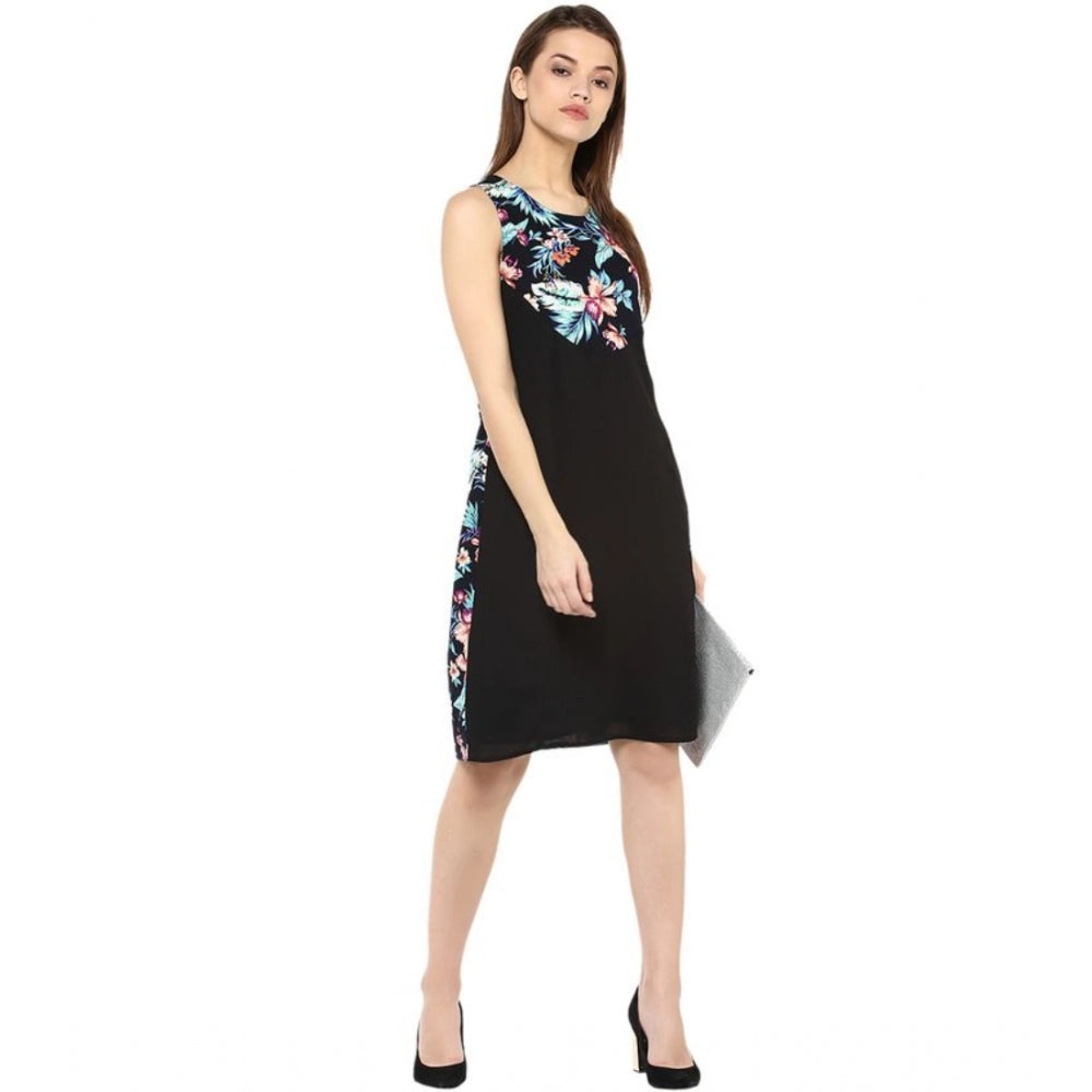 Women'S Polyester Printed Sleeveless Above Knee Dress (Black