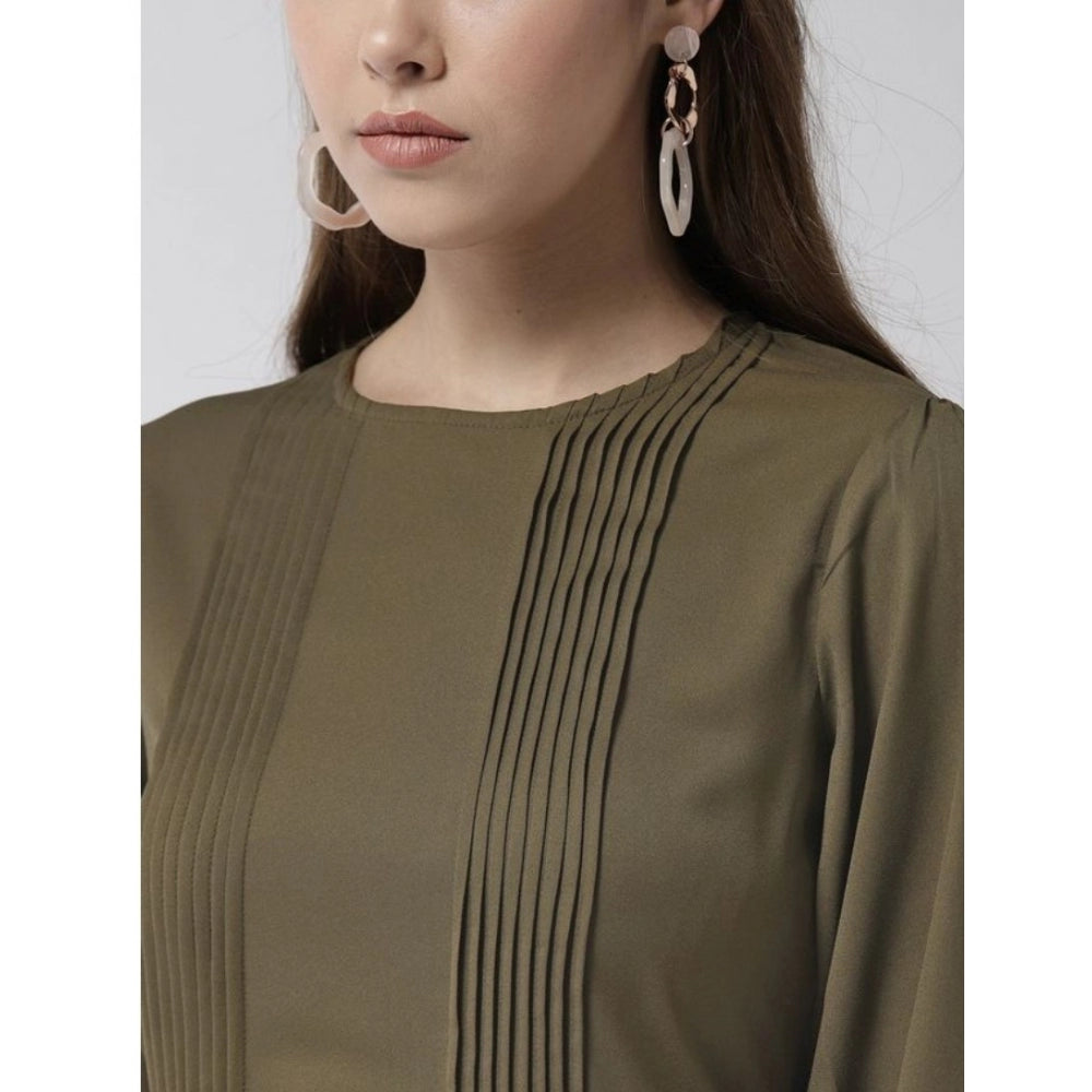 Women'S Polyester Pintuck Long Sleeves Below Knee Dress (Olive