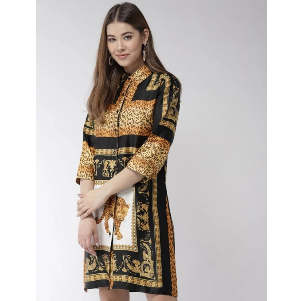 Women'S Satin Animal Print 3-4Th Sleeves Above Knee Dress (Whi
