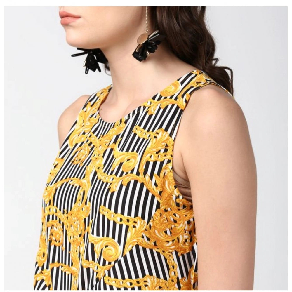 Women'S Polyester Chain Print Sleeveless Below Knee Dress (Yel