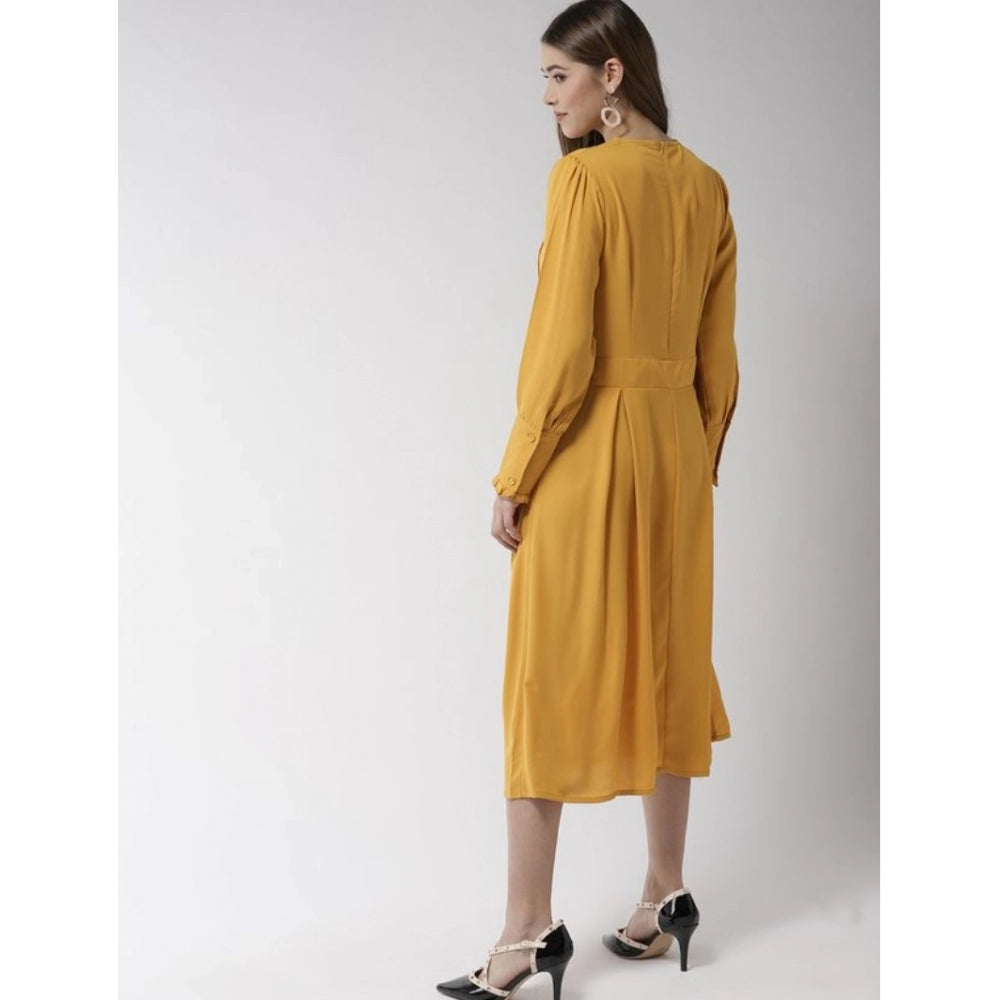 Women'S Polyester Pintuck Long Sleeves Below Knee Dress (Yello