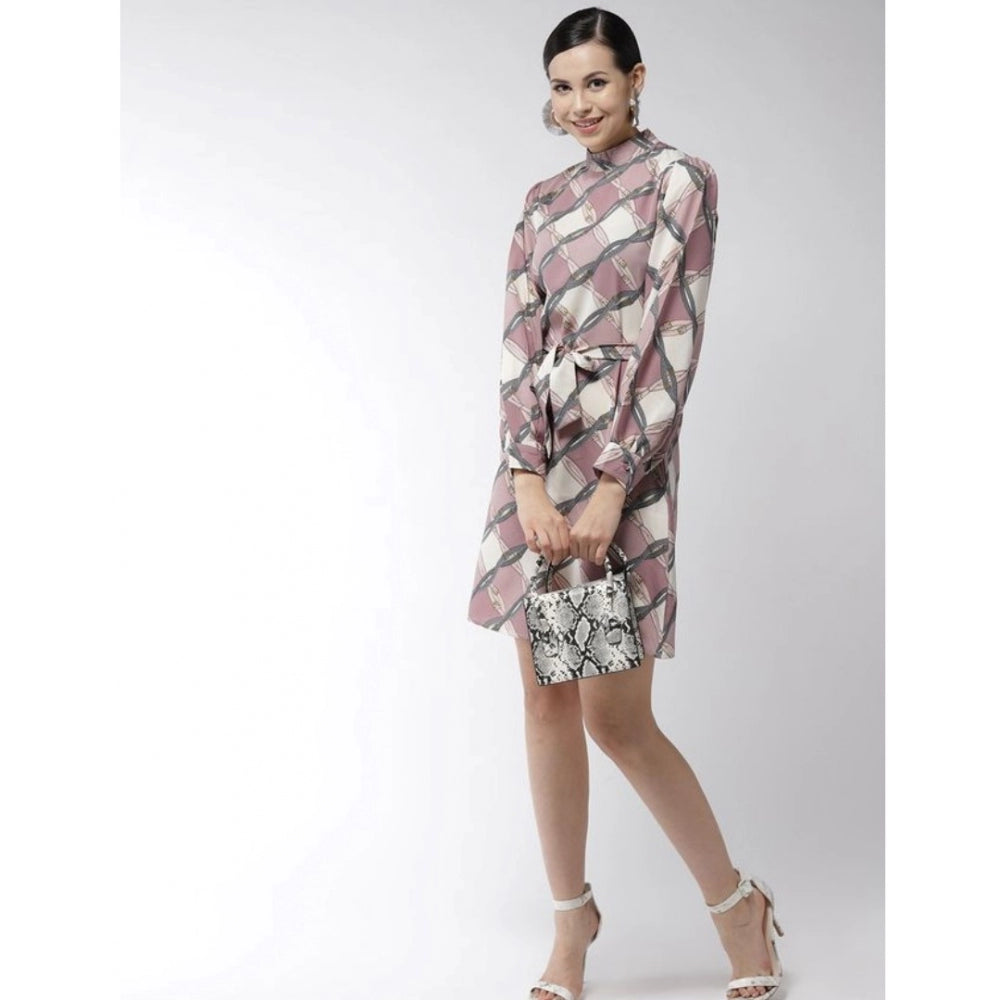 Women'S Polyester Checkered Long Sleeves Above Knee Dress (Off