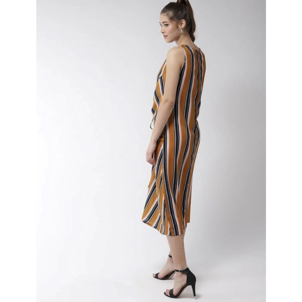 Women'S Polyester Striped Sleeveless Below Knee Dress (Mustard