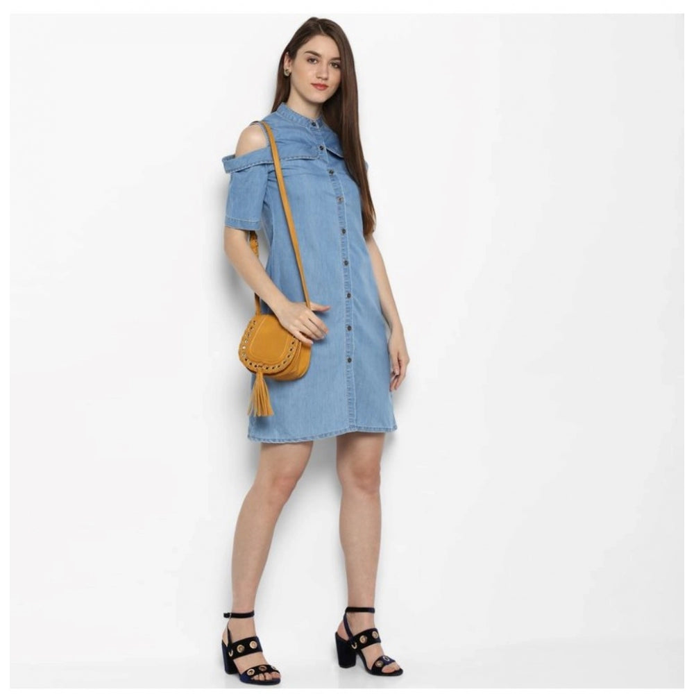 Women'S Denim Solid Cold Shoulder Above Knee Dress (Blue)