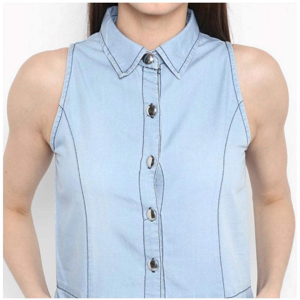 Women'S Denim Solid Sleeveless Below Knee Dress (Blue)