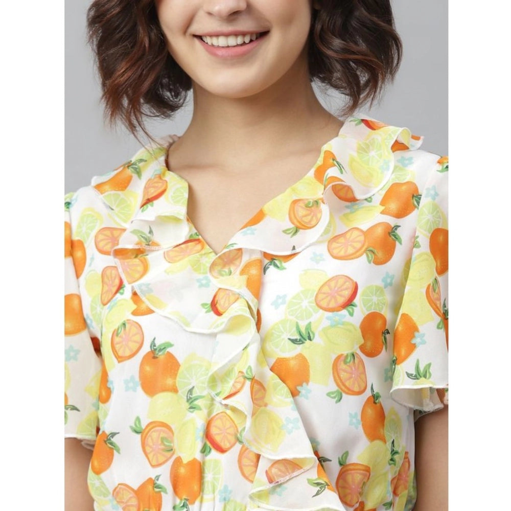 Women'S Polyester Printed Flutter Above Knee Dress (Yellow - O
