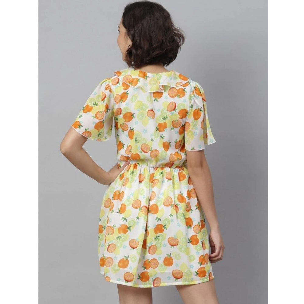 Women'S Polyester Printed Flutter Above Knee Dress (Yellow - O