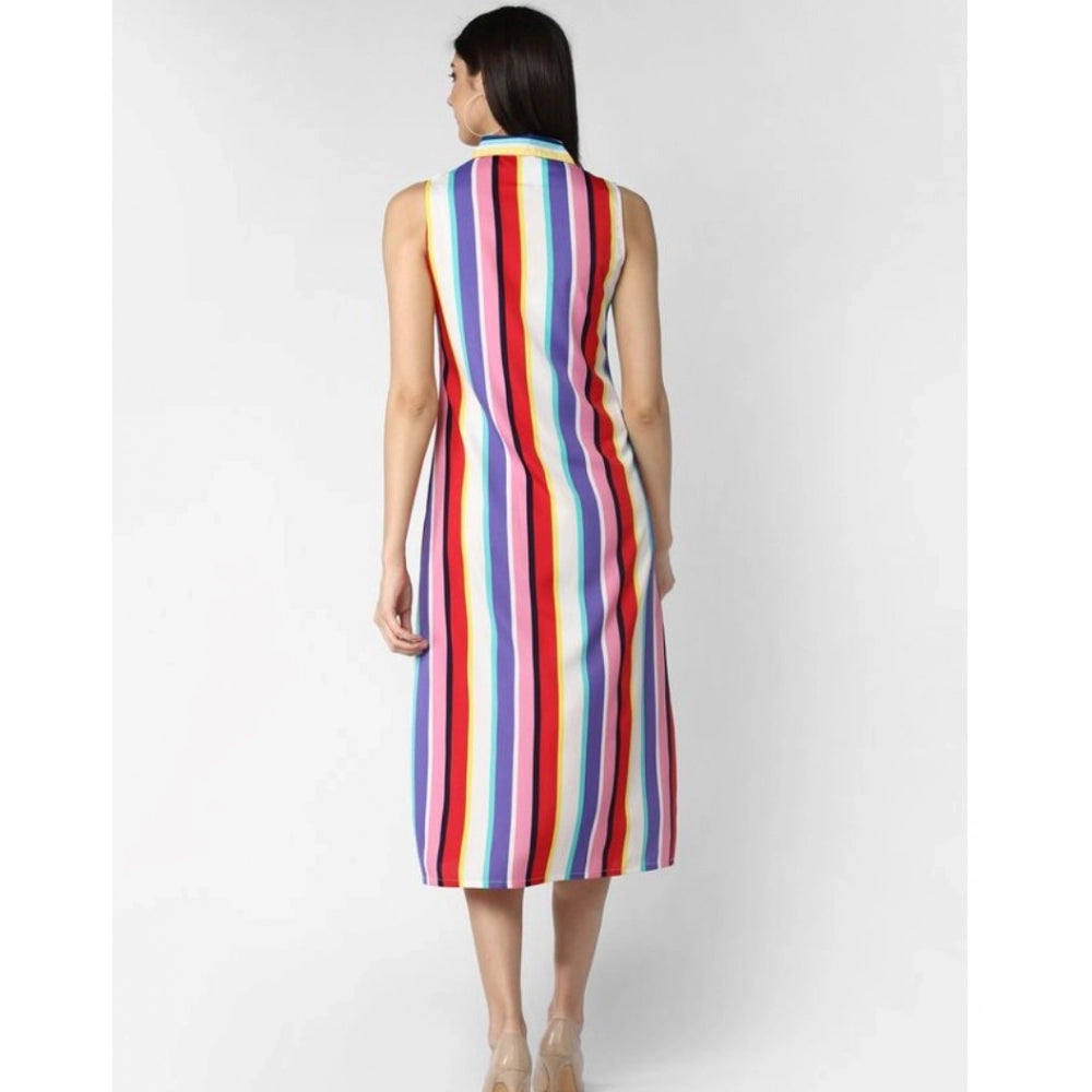 Women'S Polyester Striped Sleeveless Calf-Length Dress (Multic