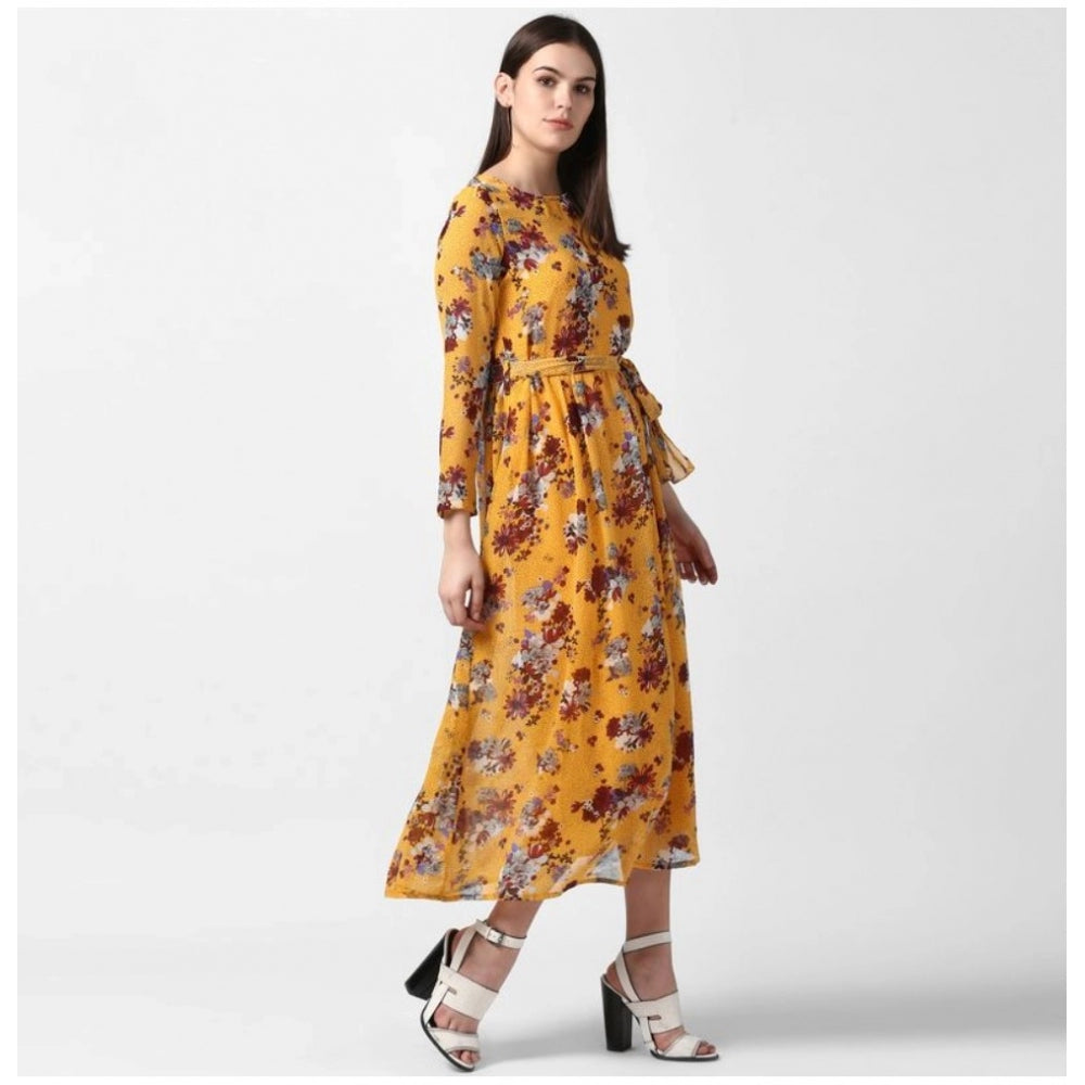Women'S Polyester Floral Long Sleeves Calf-Length Dress (Yello