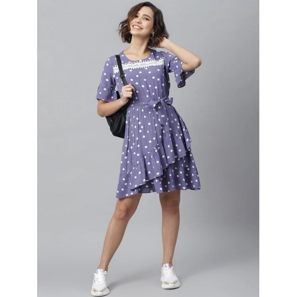 Women'S Polyester Polka Bell Sleeve Above Knee Dress (Lavender