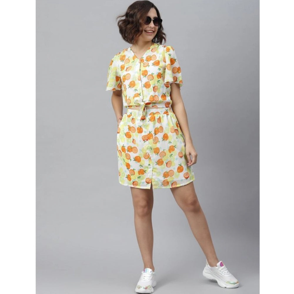 Women'S Polyester Printed Flutter Above Knee Dress (Orange - Y