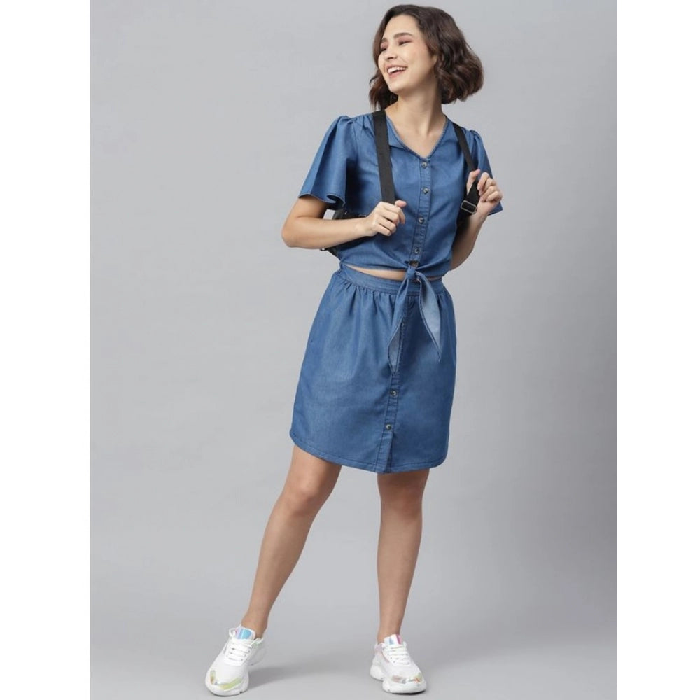 Women'S Denim Solid Flutter Above Knee Dress (Blue)