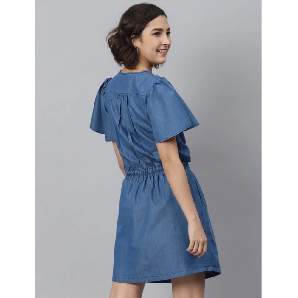 Women'S Denim Solid Flutter Above Knee Dress (Blue)
