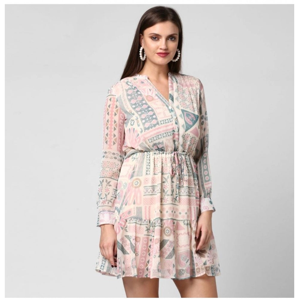 Women'S Polyester Printed Long Sleeves Above Knee Dress (Light