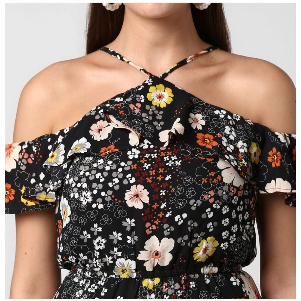 Women'S Polyester Floral Cold Shoulder Above Knee Dress (Black