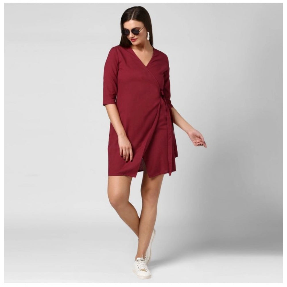 Women'S Cotton Solid 3-4Th Sleeves Above Knee Dress (Maroon)