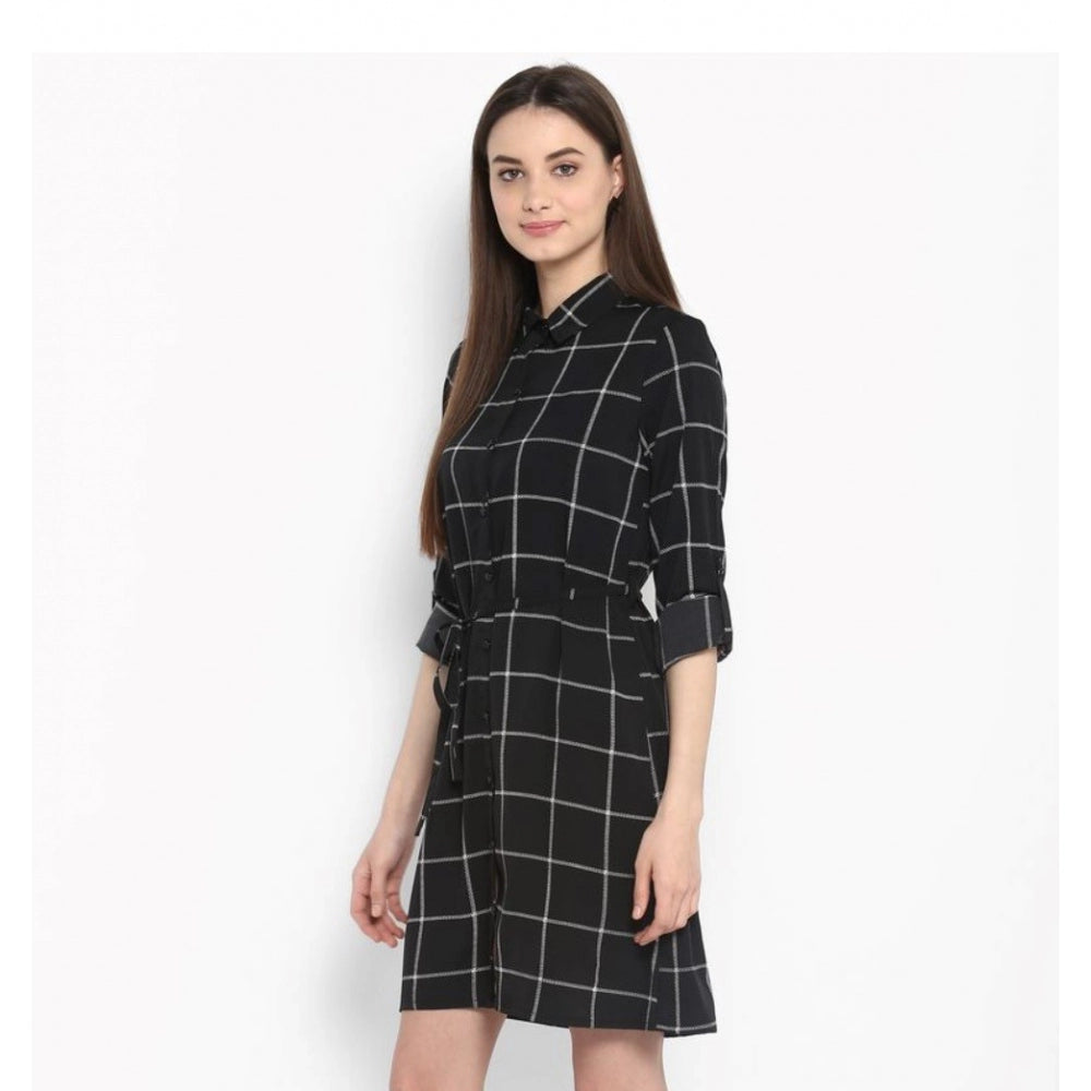 Women'S Polyester Checkered Roll Up Sleeve Above Knee Dress (B