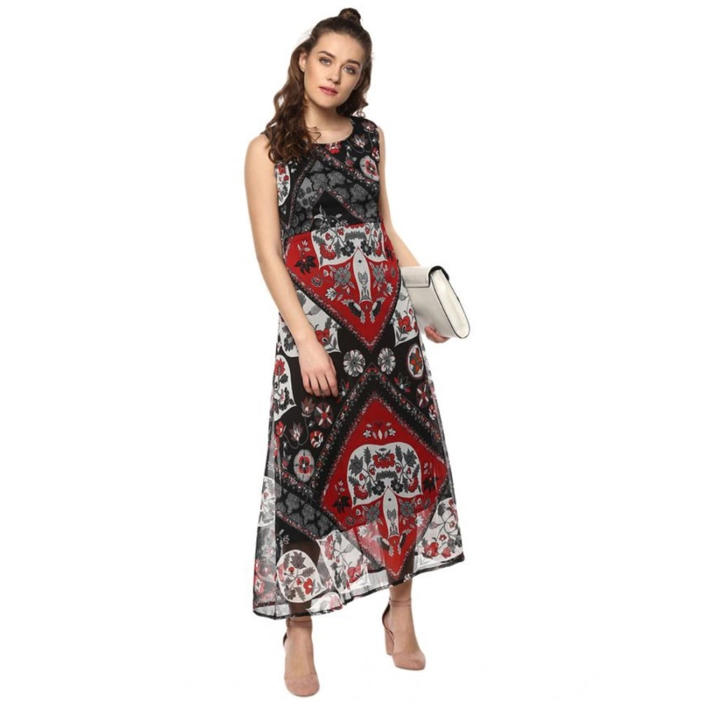 Women'S Polyester Printed Sleeveless Dress (Red - Black)