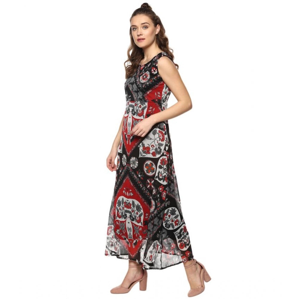 Women'S Polyester Printed Sleeveless Dress (Red - Black)