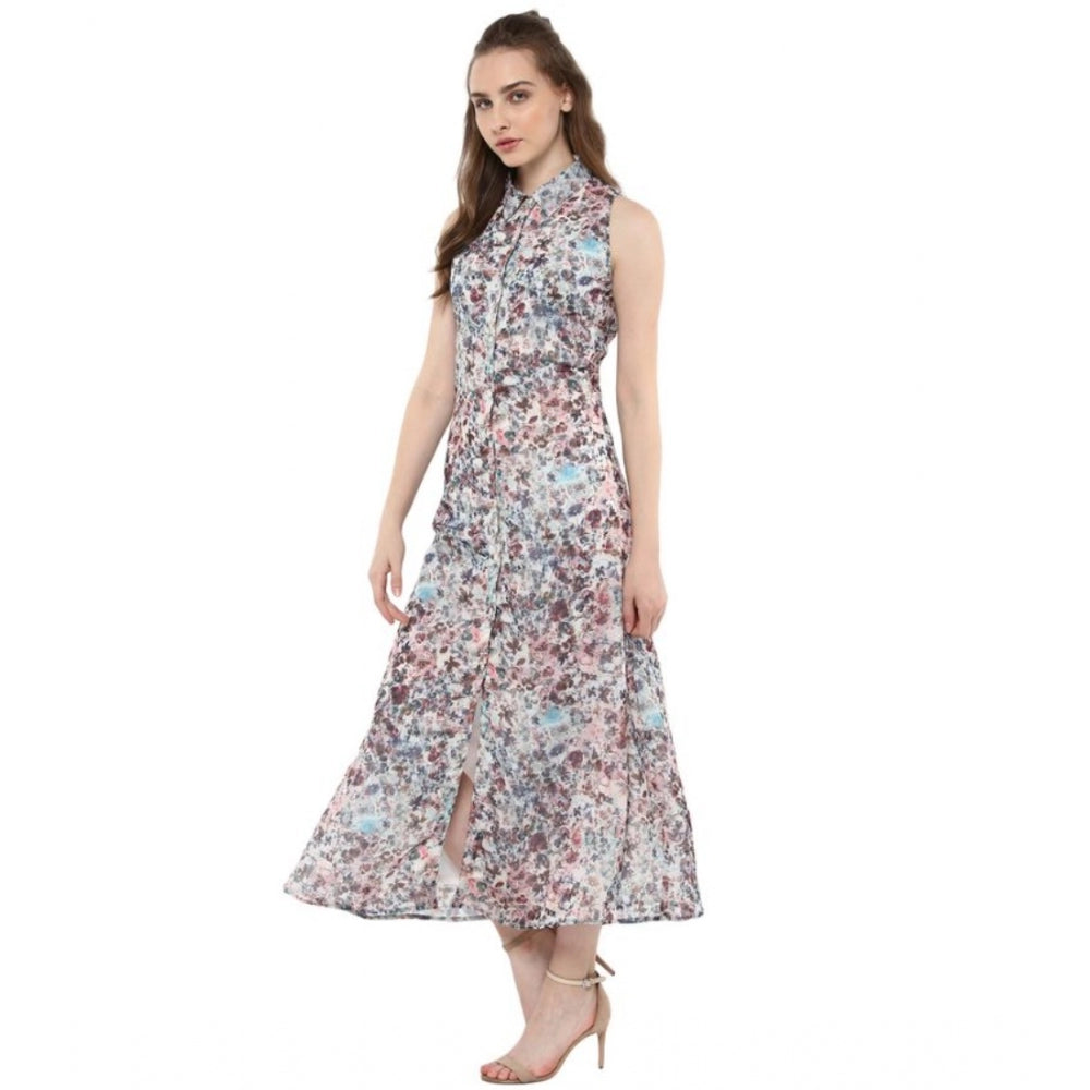 Women'S Polyester Chiffon Printed Sleeveless Dress (Multicolor