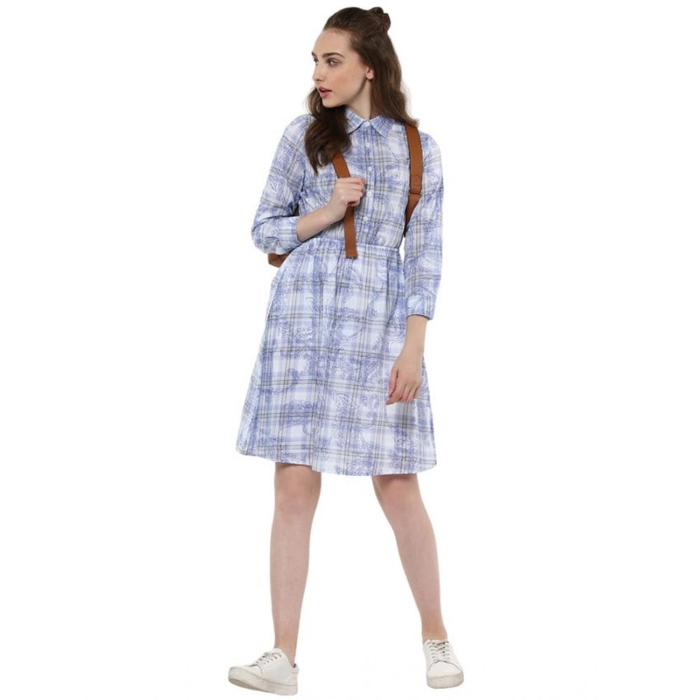 Women'S Cotton Checkered Roll Up Sleeve Above Knee Dress (Blue