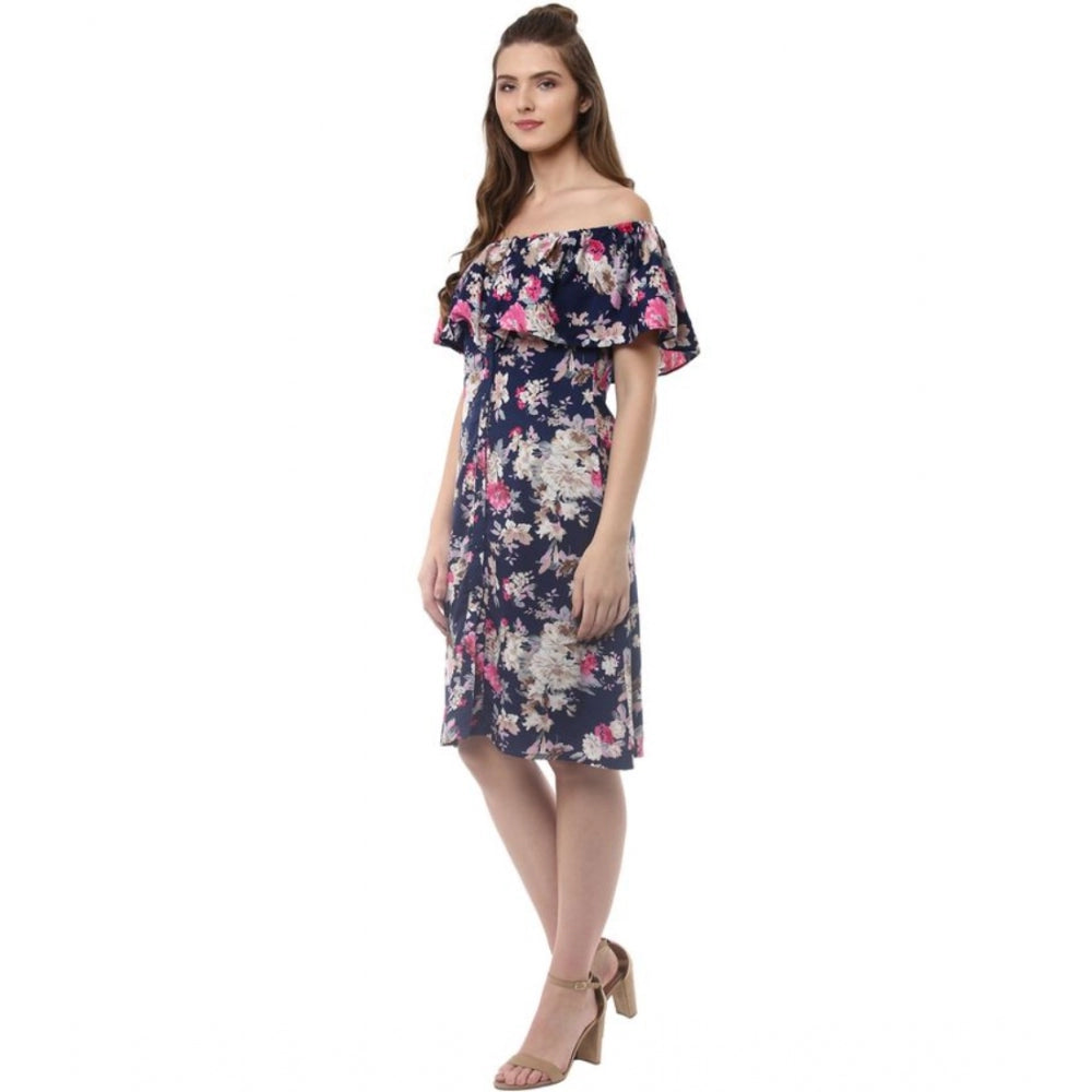 Women'S Polyester Crepe Floral Half Sleeve Above Knee Dress (N