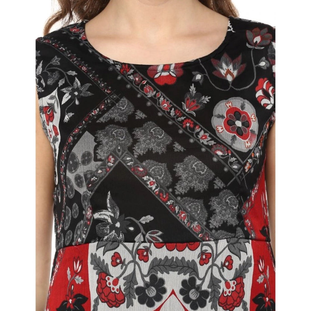 Women'S Polyester Printed Sleeveless Dress (Red - Black)