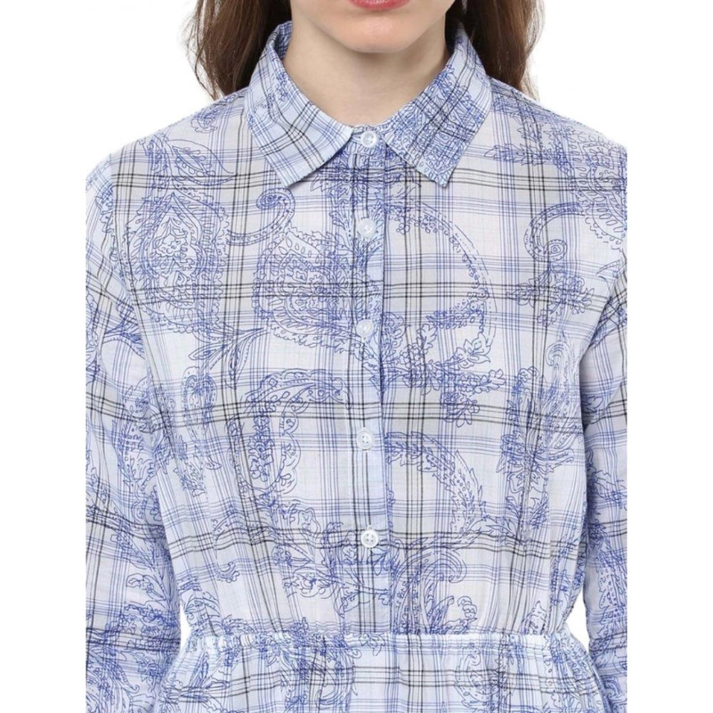 Women'S Cotton Checkered Roll Up Sleeve Above Knee Dress (Blue